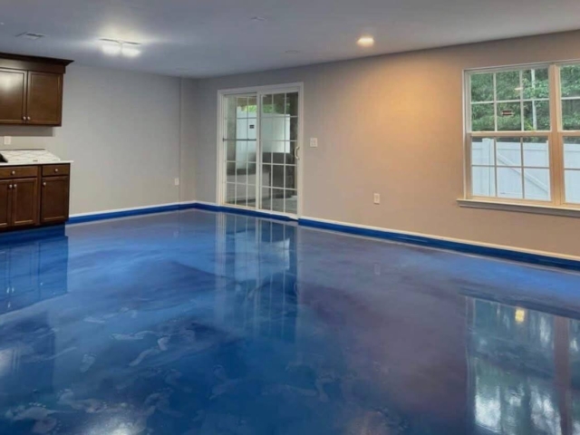 Blue epoxy floor covering